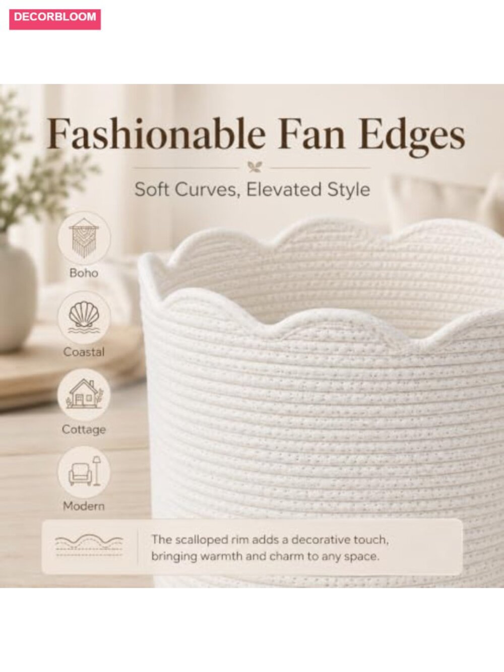 Cotton Rope Woven Storage Basket Set of 3 Scallop Edge Boho Nursery Organizer - Picture 2 of 6
